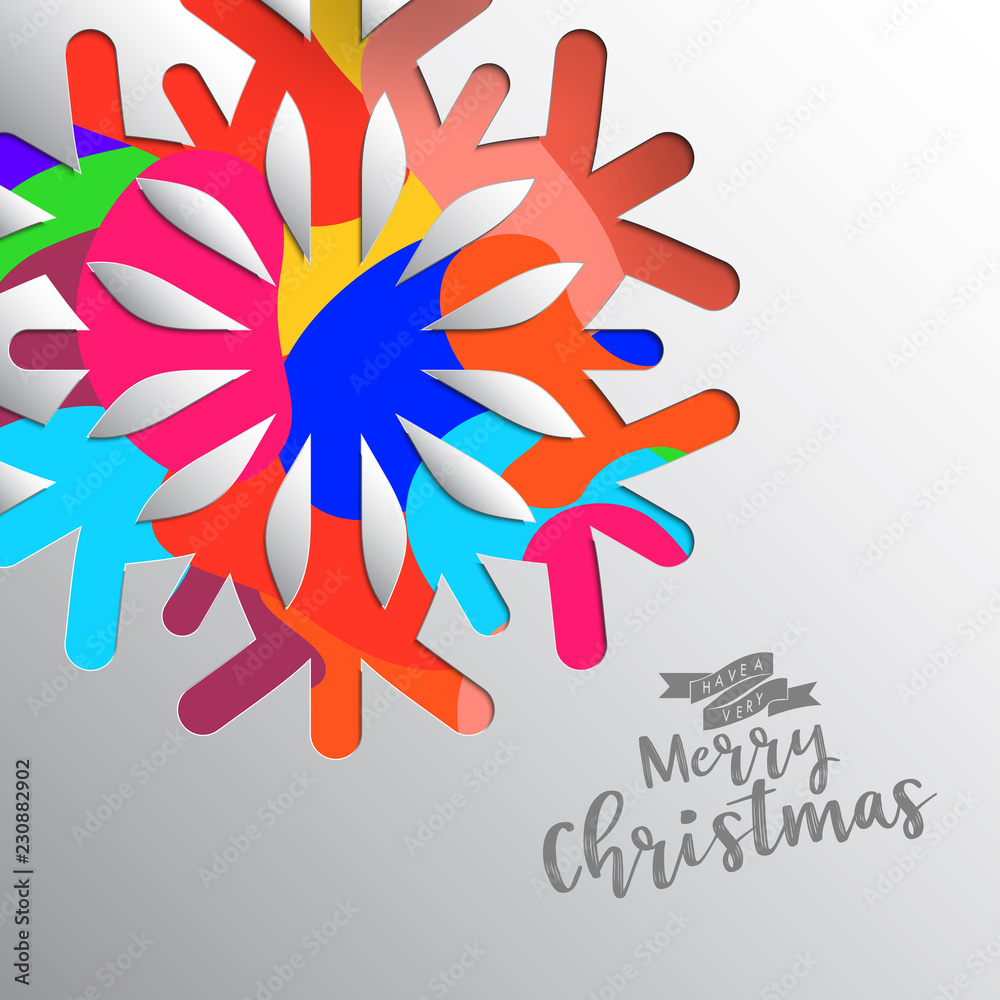 Aufkleber Colours paper cut of vector snowflake on gradient colours ornate background with merry christmas phase text