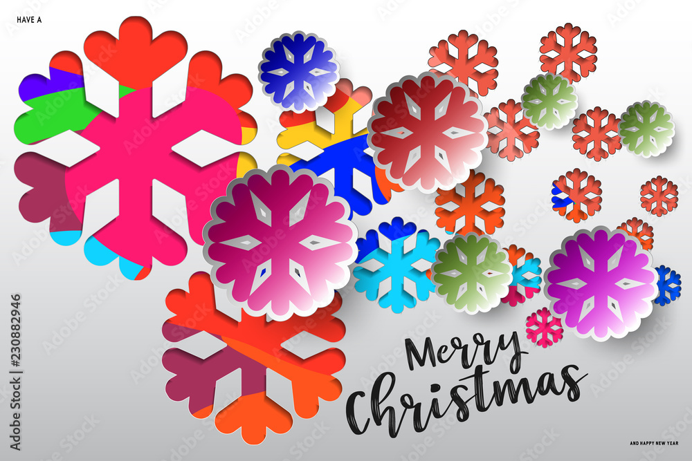 Aufkleber colours paper cut of vector snowflake on gradient colours ornate background with merry christmas pha
