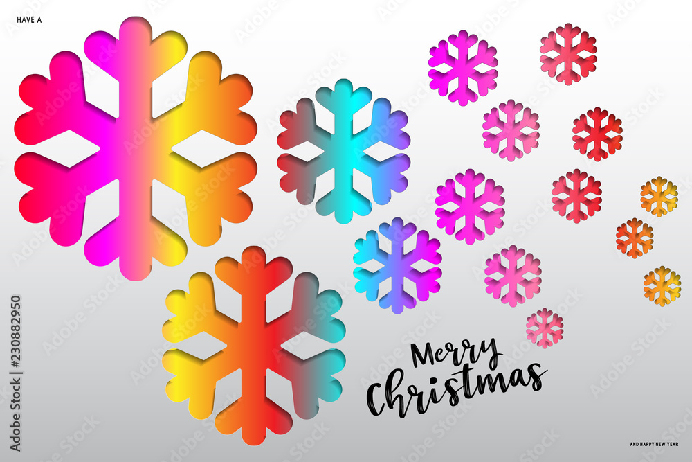 Poster colours paper cut of vector snowflake on gradient colours ornate background with merry christmas pha