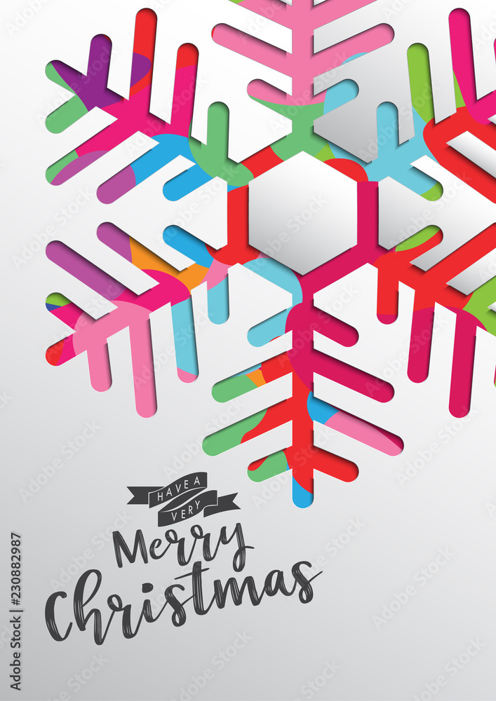 Poster Colours paper cut of vector snowflake on gradient colours ornate background with merry christmas phase text