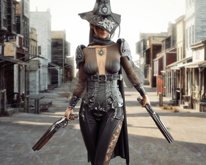 Female cowgirl gunslinger walking through the center of a western town with duel sawed off shotguns. 3d rendering - obrazy, fototapety, plakaty