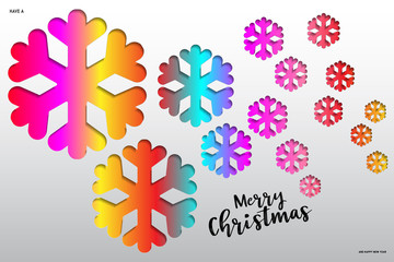 Colours paper cut of vector snowflake on gradient colours ornate background with merry christmas phase text