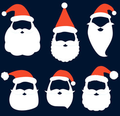 Christmas vector set with Santa hats, beard and mustaches for photo booth props, holiday decor and greeting cards