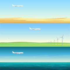 Fototapeta na wymiar Beautiful minimalistic horizontal banners landscapes with airplanes flying over the field, sea and desert.