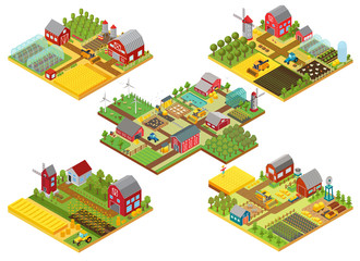Vector 3d isometric rural farms set with tractor, combine harvester, house, fields windmill and warehouses.