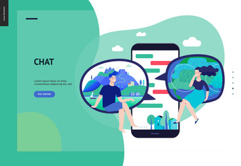 Business series, color 3 - chat - modern flat vector illustration concept of people chating in messenger and the chat app on the phone screen. Creative landing page or company support design template