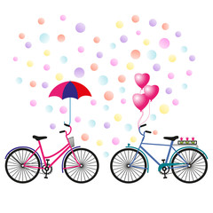 Valentine's Day. Heart of confetti, two bicycles with an umbrella, balloons and flowers. Vector illustration
