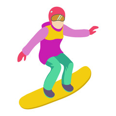 Fototapeta premium Young girl is riding a snowboard in stylish bright clothes.