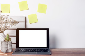 Hipster desk with a laptop mockup, cactus in a gray concrete pot, a vase with white dried flowers, post-it cards and boards on the wall with copy space