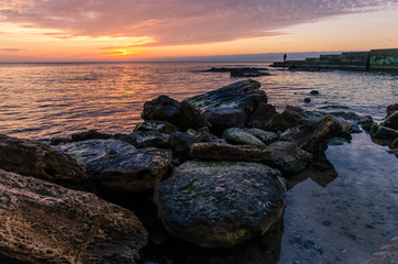 Seascape in Odesa during the sunrise in the autumn season