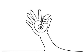 Continuous one line drawing. Abstract hand holding apple. Vector illustration