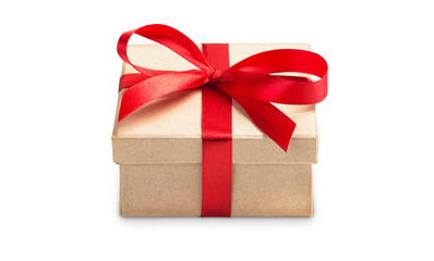 Small square gift box tied with red ribbon isolated on white background, front view