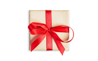 Small square gift box tied with red ribbon isolated on white background, top view