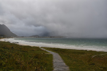 Ramberg beach during a storm, Lofoten, Norway