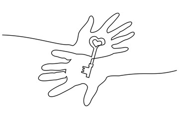 Continuous one line drawing. Abstract hands holding key. Vector illustration
