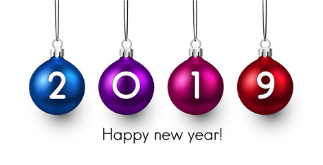 Happy New Year 2019 banner with Christmas balls.