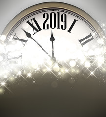 Fototapeta na wymiar Gold shiny 2019 New Year background with clock.