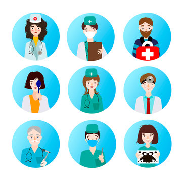 Set of medical icons depicting different professions of doctors.