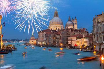 Fototapeta na wymiar Basilica Santa Maria della Salute at night with fireworks, Venice, Italy
