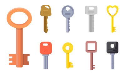 Flat illustrations of different type of keys collection for house door, lock access, automobile, home, apartment, money case, personal box. For your design.