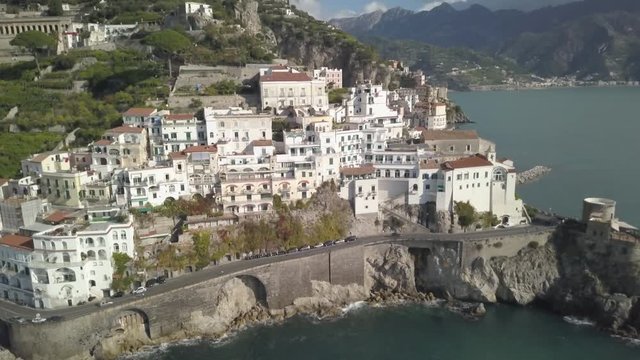 Aerial, scenic buildings in Amalfi