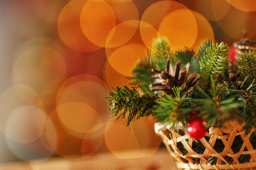 Abstract christmas background with christmas tree with decorations, defocused bokeh lights.