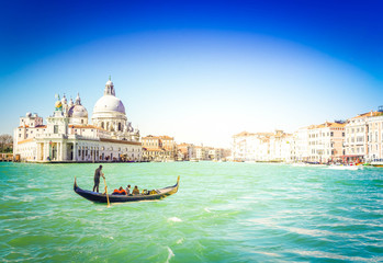 Plakat Basilica Santa Maria della Salute and Grand canal with gondola boat, Venice, Italy