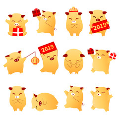 2019 Year of the Pig flat cartoon characters traditional oriental chinese zodiac pigs set.Chinese lanterns,Funny happy asian mascot character piglets with gift boxes,banners,vector illustration