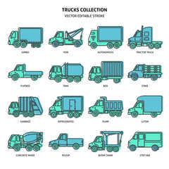 Truck icons set in thin line style