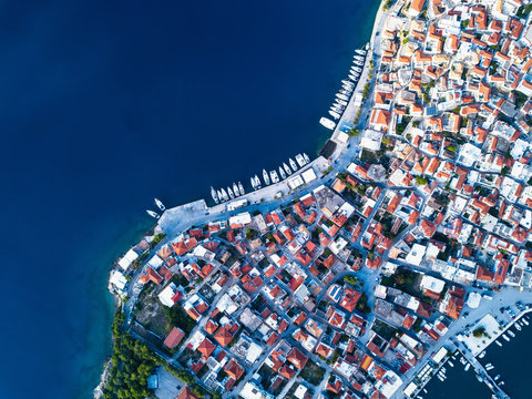 Aerial view of Ermioni sea marina in Aegean sea, Greece.