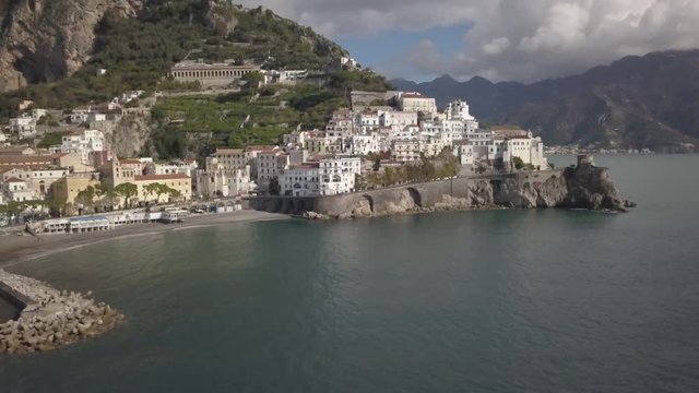 Wide aerial, scenic Amalfi coastline