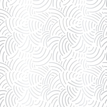 Elegant silver foil abstract background. Curved lines seamless pattern metallic silver on white. Handdrawn vector texture. Modern, abstract mosaic art for celebrations, Christmas, New Year, wedding