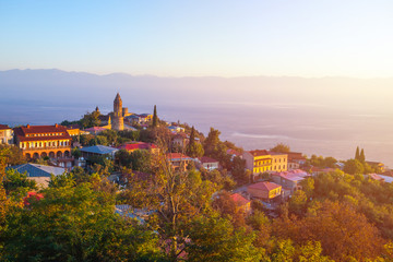 Signagi or Sighnaghi city in Kakheti region in Georgia, sunrise in Sighnaghi