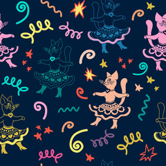 Carnival seamless pattern with funny cartoon cats and hand drawn elements. Perfect for kids apparel design, wall art, poster, fabric textur, new year gift, wrapping paper.