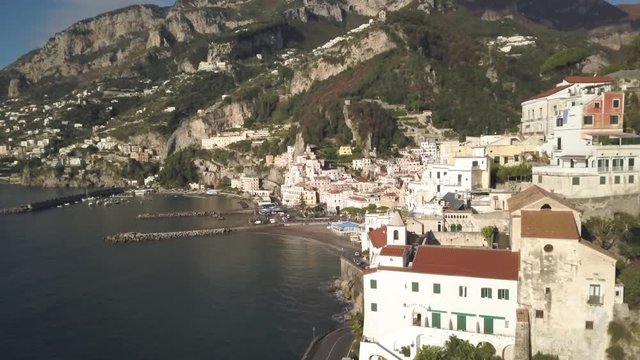 Aerial, Italian buildings on Amalfi Coast