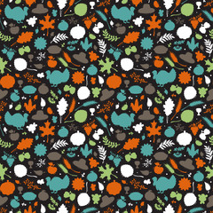 Thanksgiving Day Symbols Vector Background. Autumn Harvest icons Seamless Pattern. Silhouettes of Turkey Bird, Berries, Fruit, Vegetables, Leaves, Ears Of Wheat, Thanksgiving Hat and Pumpkin pie