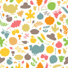 Thanksgiving Day Symbols Vector Background. Autumn Harvest icons Seamless Pattern. Silhouettes of Turkey Bird, Berries, Fruit, Vegetables, Leaves, Ears Of Wheat, Thanksgiving Hat and Pumpkin pie