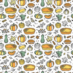 Thanksgiving Vector Background. Autumn Harvest Symbols Seamless Pattern. Hand Drawn Doodle Pumpkin Pie, Vegetables, Different Varieties of Pumpkins, Spices, Leaves.