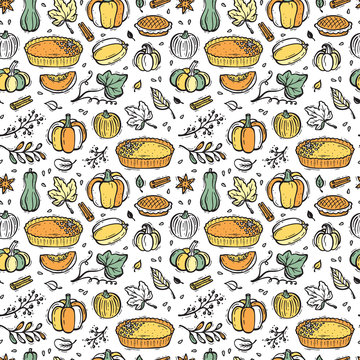 Thanksgiving Vector Background. Autumn Harvest Symbols Seamless Pattern. Hand Drawn Doodle Pumpkin Pie, Vegetables, Different Varieties of Pumpkins, Spices, Leaves.
