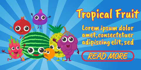 Naklejka na ściany i meble Tropical fruit concept banner. Isometric banner of tropical fruit comics vector concept for web, giftcard and postcard