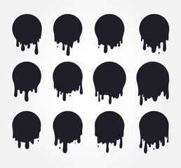 Set of dripping paint icon. Current liquid. Paint flows. Melted circle logo. Current paint, stains. Current inks. Vector illustration. Isolated on white background.