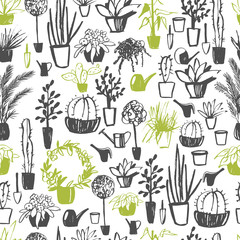 Vector  seamless pattern with  hand drawn  house plants.
