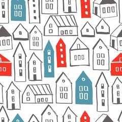 Vector  seamless pattern with  hand drawn houses