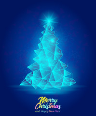 Christmas Greeting Card. Vector illustration of abstract christmas tree on the blue background.