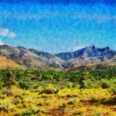 Hand drawing watercolor art on canvas. Artistic big print. Original modern painting. Acrylic dry brush background. Beautiful mountain landscape. Travel canyon view. Exotic tropical resort. Wild nature