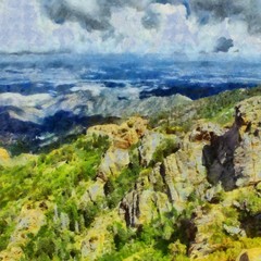 Hand drawing watercolor art on canvas. Artistic big print. Original modern painting. Acrylic dry brush background. Beautiful mountain landscape. Travel canyon view. Exotic tropical resort. Wild nature