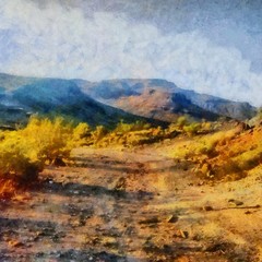 Hand drawing watercolor art on canvas. Artistic big print. Original modern painting. Acrylic dry brush background. Beautiful mountain landscape. Travel canyon view. Exotic tropical resort. Wild nature