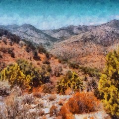 Hand drawing watercolor art on canvas. Artistic big print. Original modern painting. Acrylic dry brush background. Beautiful mountain landscape. Travel canyon view. Exotic tropical resort. Wild nature