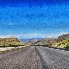 Hand drawing watercolor art on canvas. Artistic big print. Original modern painting. Acrylic dry brush background. Beautiful mountain landscape. Travel view. Exotic tropical resort. Asphalt road.