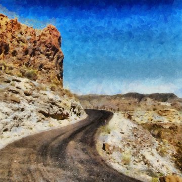 Hand drawing watercolor art on canvas. Artistic big print. Original modern painting. Acrylic dry brush background. Beautiful mountain landscape. Travel canyon view. Asphalt road. Wild nature